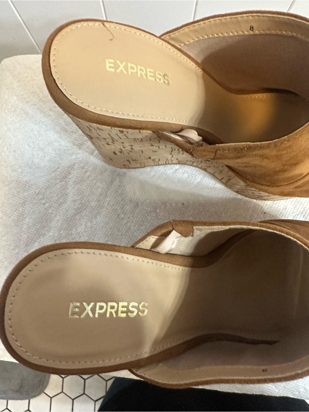 Express Tan Suede Cork Wedge Mule Sandals - Picture 4 of 5